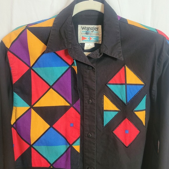 Vintage Wrangler Womens Western Shirt Black Geometric Colorblock Cotton Large - Picture 3 of 13